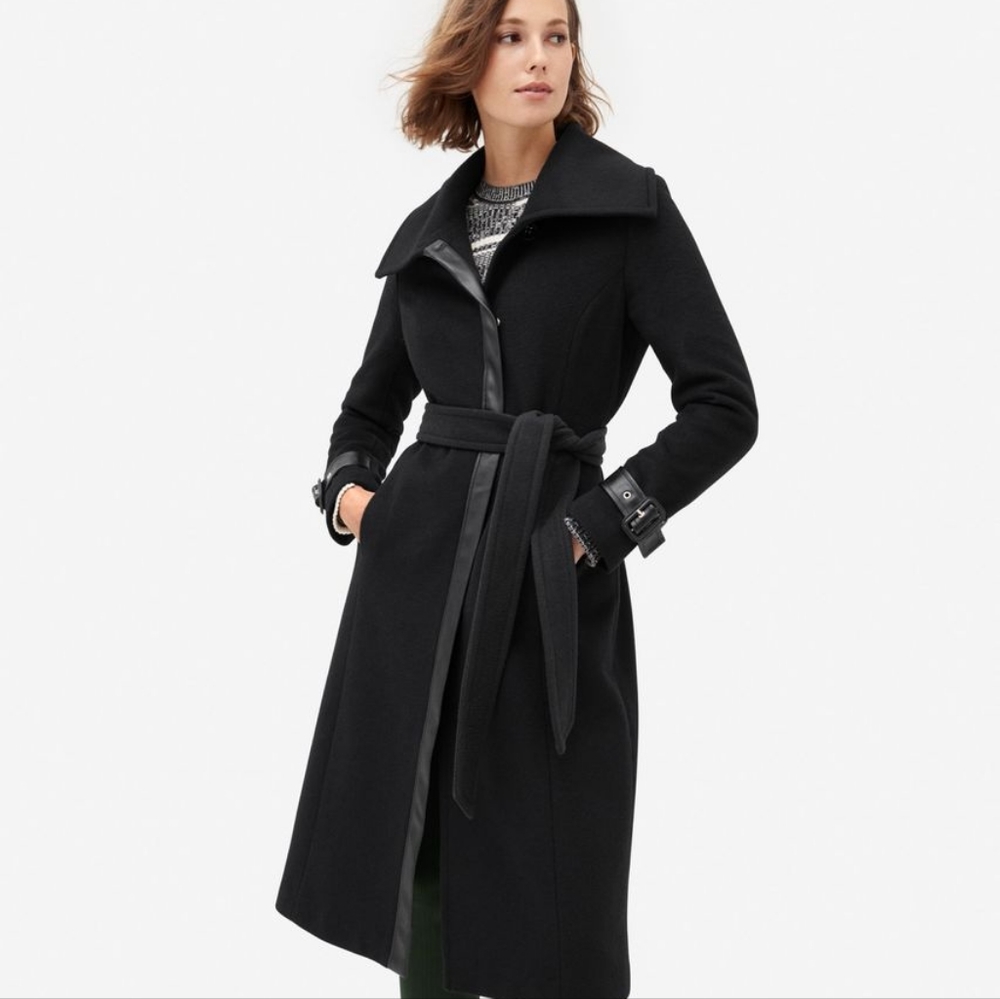 NWT Cole Haan Wool Wrap Coat With Leather Trim